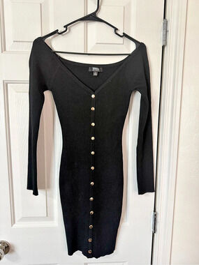 Hera Collection Black Ribbed Knit Bodycon Mini Dress Gold Buttons L